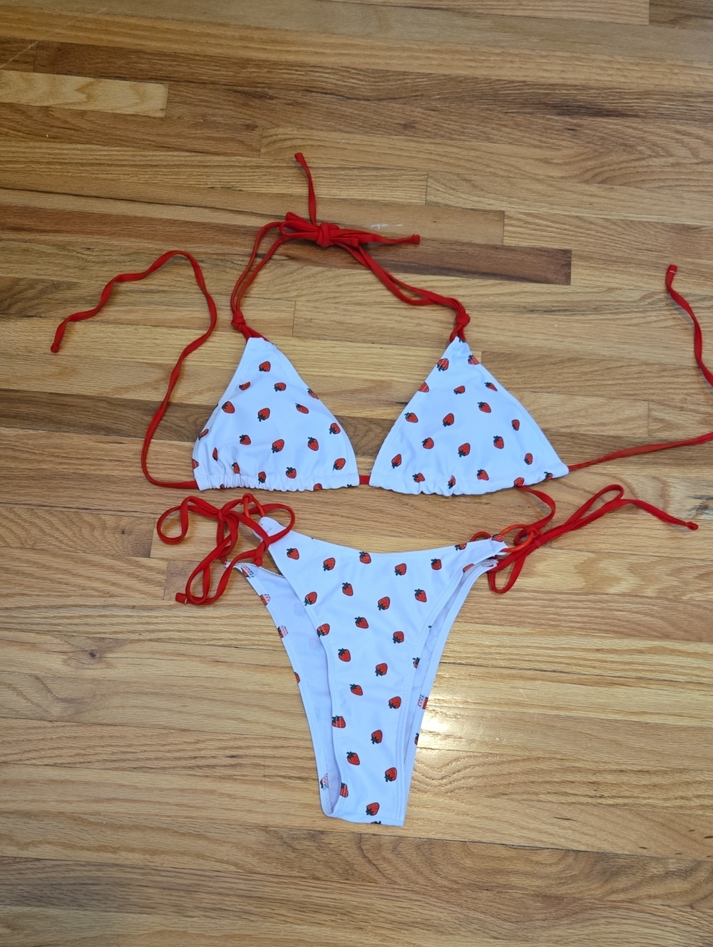 White Strawberry Print Tie Bikini with Red Straps